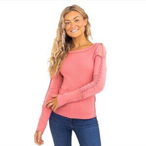 We The Free Daisy Chain Cuffed Long Sleeve Ribbed Top Coral Pink Sz Small